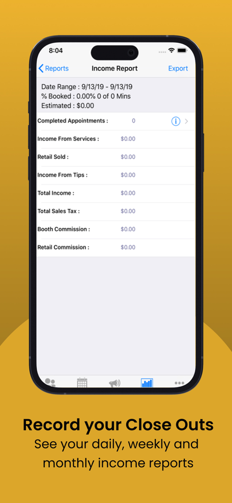 Salon Booking Appointments - Schermata del rapporto sui guadagni per l'app Appuntamenti Salone che mostra guadagni giornalieri e mensili