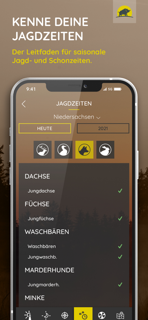 Jagdwetter - Jagdwetter app interface showing seasonal hunting and closed seasons for various wildlife
