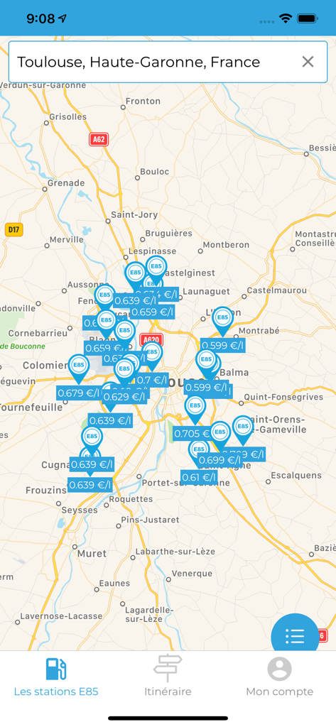 Mes Stations E85 3.0 - Kartenansicht, die E85-Tankstellen und Echtzeit-Kraftstoffpreise in der Mes Stations E85 App zeigt
