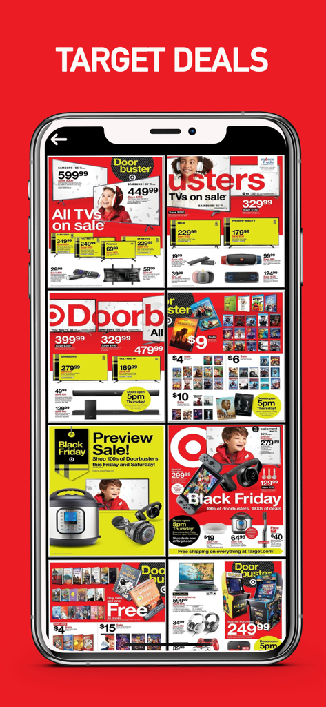 Cyber Monday 2025 ads & deals - テレビや電化製品のTargetブラックフライデー目玉広告を表示するモバイル画面