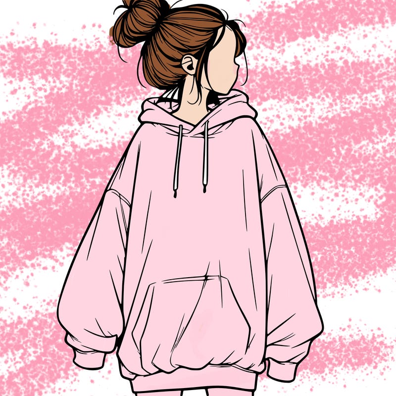 realistic girl with a oversized sweatshirt on and a bun