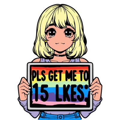 realistic girl holding up a sign that says “pls get me to 15 likes!”