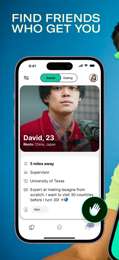 A smartphone screen displaying a user profile on the Yuzu app under the social tab with the headline Find Friends Who Get You.
