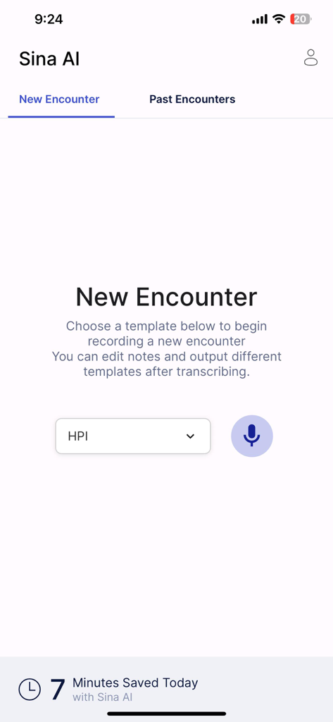Sina AI - Oberfläche der Sina AI App, die den Bildschirm für neue Patientengespräche mit Auswahl der HPI-Vorlage und einer Mikrofontaste zur Diktierung zeigt.
