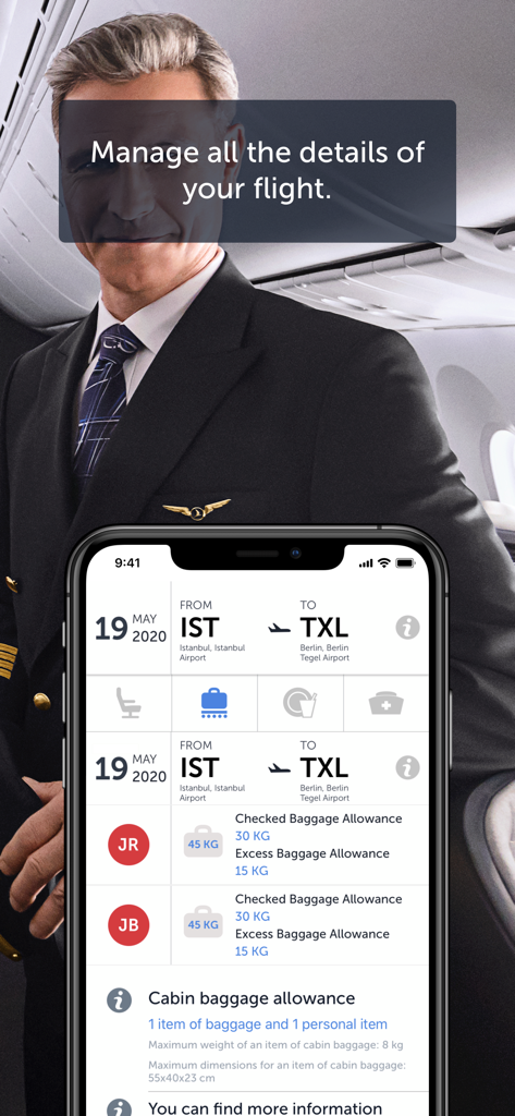 Turkish Airlines app screen showing flight details and baggage allowance management.