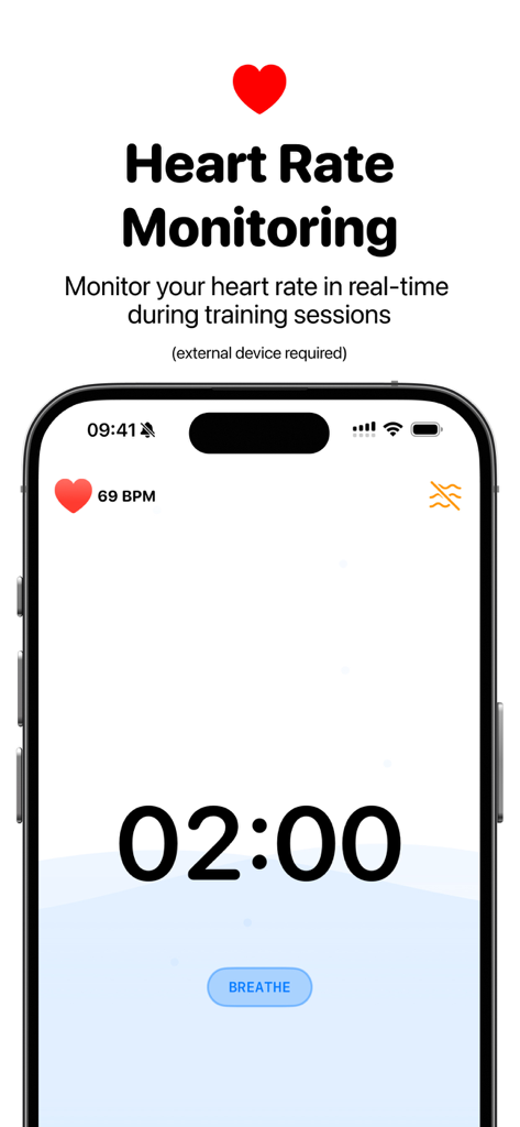 apne - Interface de suivi de la fréquence cardiaque dans l'application apne affichant 69 BPM et un minuteur d'entraînement pour apnéistes