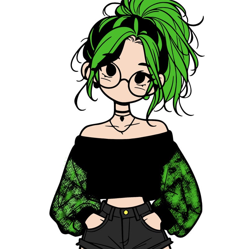 girl with a messy ponytail glasses a baggy crop top and jean shorts