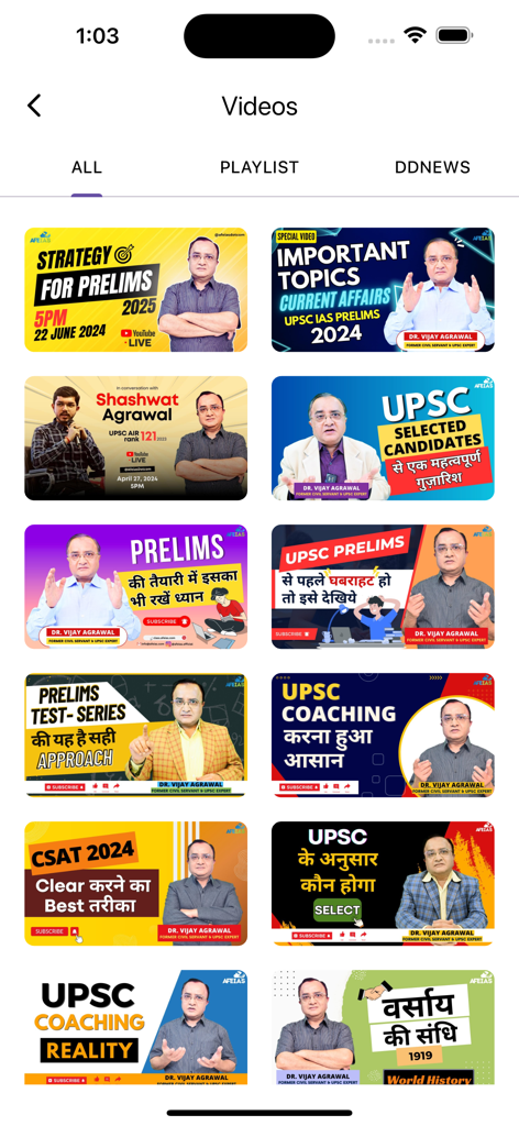Afeias - A collection of UPSC and IAS exam preparation video thumbnails featuring Dr. Vijay Agrawal on the Afeias app