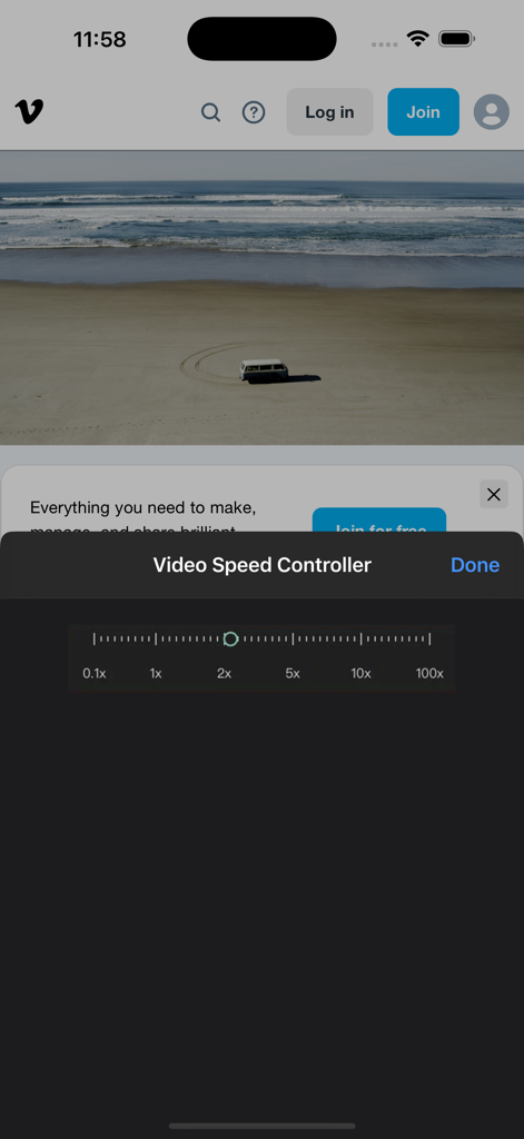Video Speed Controller. - Video Speed Controller app interface with a speed adjustment slider ranging from 0.1x to 100x