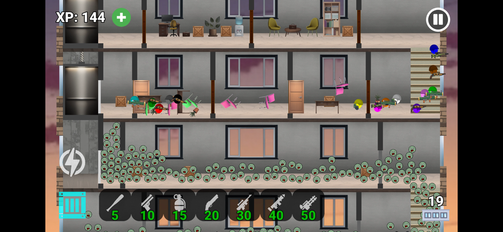 Zombie Tower Escape - Survivor marbles defending building floors against a zombie horde