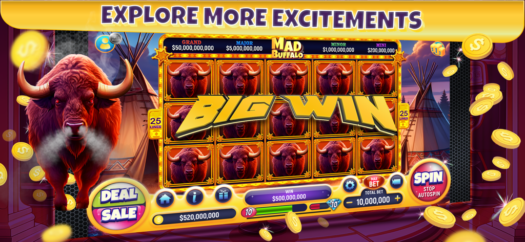 NG Slot Vegas Casino Mad Buffalo slot game screen showing a big win with buffalo graphics