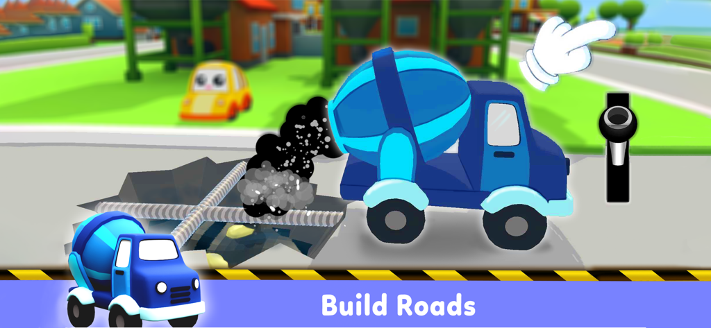 Truck Game for 5 year old Boys - Un camion betoniera blu a cartoni animati che riempie una buca stradale con cemento