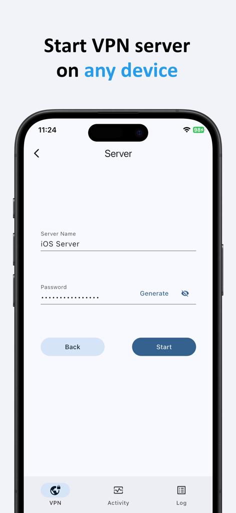 qrvpn 앱 내 iOS 장치에서 개인 VPN 서버 시작을 위한 설정 화면