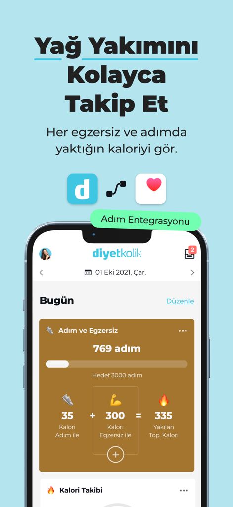 Interface do aplicativo Diyetkolik exibindo contagem diária de passos e calorias queimadas a partir de exercícios e passos