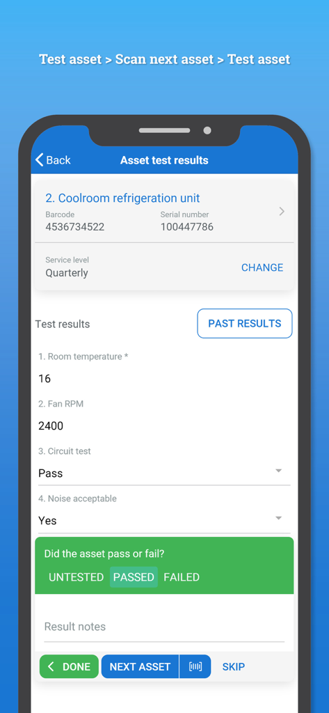 Simpro Mobile - Simpro Mobile app interface showing asset test results for a refrigeration unit including temperature and RPM data