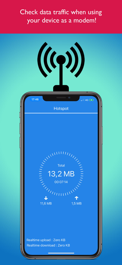 A smartphone showing the Hotspot Monitor app interface with real-time data usage tracking in megabytes.