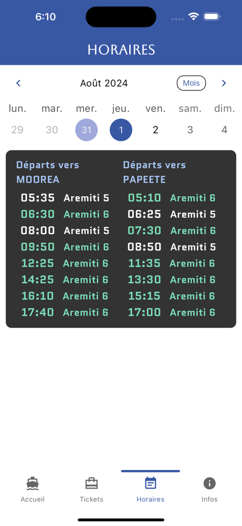 Aremiti app schedule screen showing ferry departure times between Moorea and Papeete