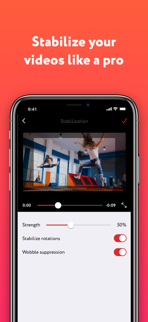 Deshake - Video stabilization - iPhone screen showing the Deshake app interface with video stabilization settings like strength and wobble suppression