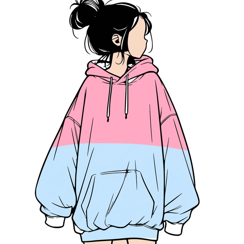 realistic girl with a oversized sweatshirt on and a bun