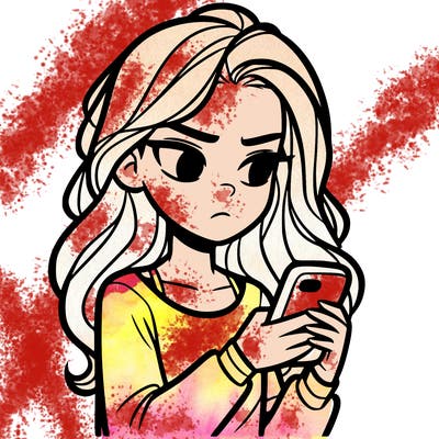 teenage girl looking at her phone and she is not smiling she is making a serious face