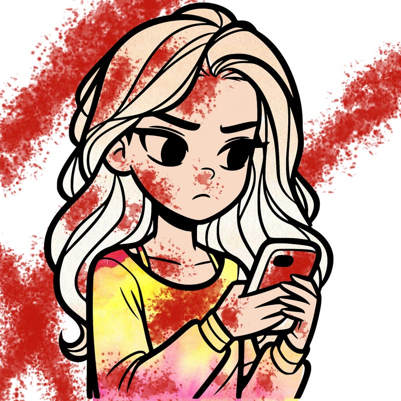 teenage girl looking at her phone and she is not smiling she is making a serious face