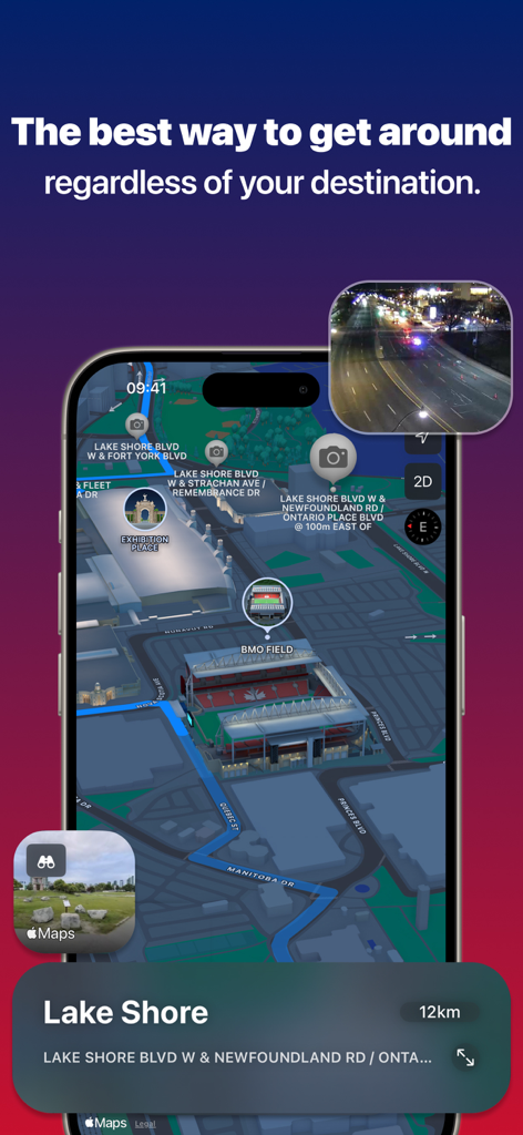 Ontario Road Cameras - ライブ交通カメラフィードオーバーレイを備えたトロントの3Dナビゲーションマップを表示するオンタリオ州道路カメラアプリのインターフェイス。