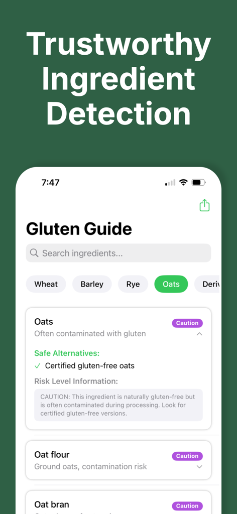 GF Scanner app Gluten Guide interface showing risk assessment and safe alternatives for oats