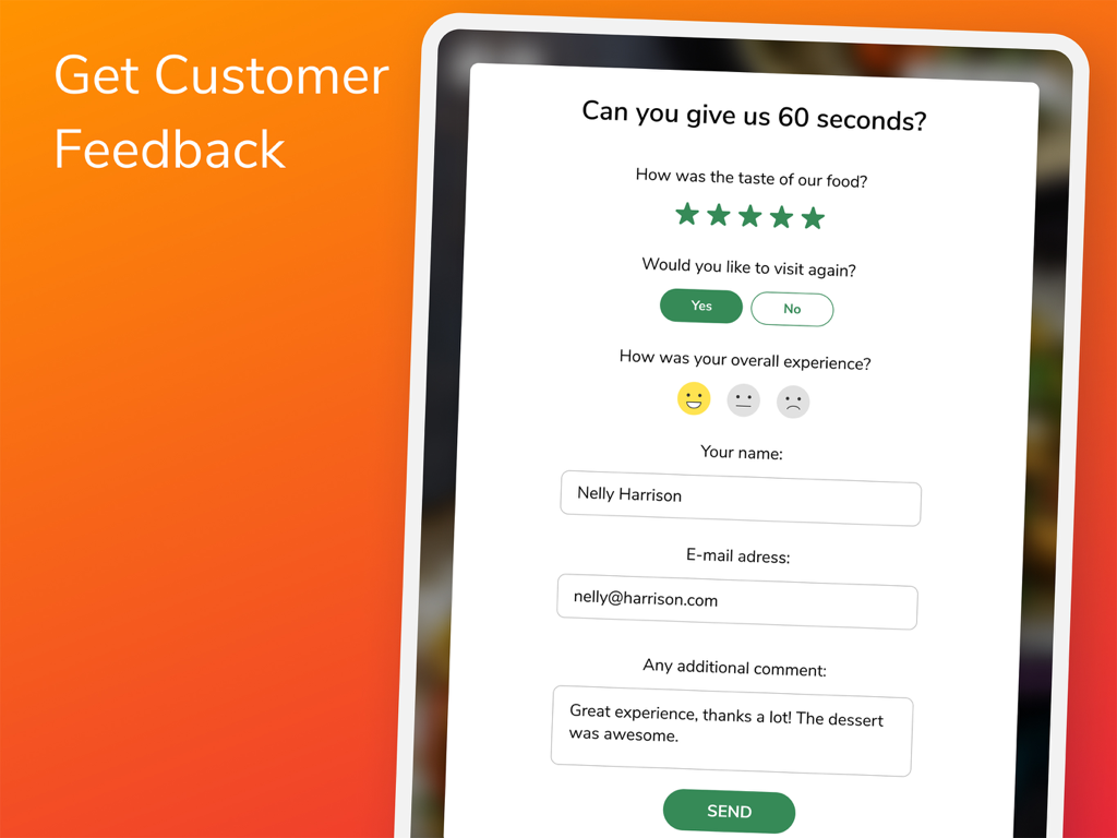 FineDine Tablet Menu App - A digital customer feedback survey screen on the FineDine Tablet Menu App
