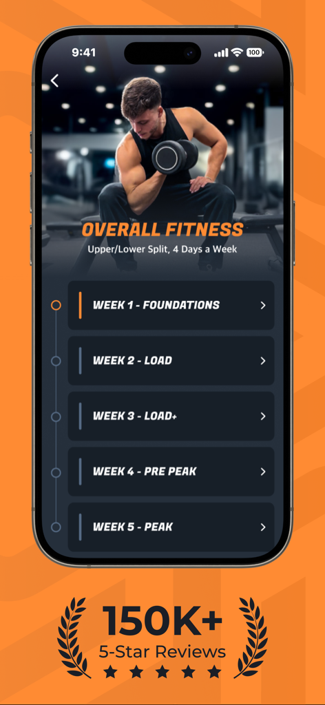 Smartphone screen showing Gymverse app with a 5-week fitness training plan and high user ratings.