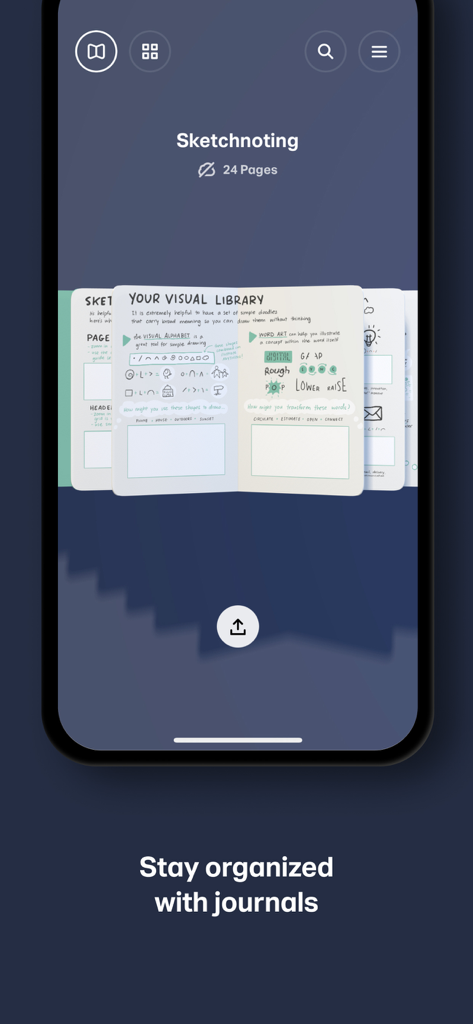 Paper app interface displaying a digital sketchnoting journal with hand-drawn visual notes and sketches on an iPhone screen.
