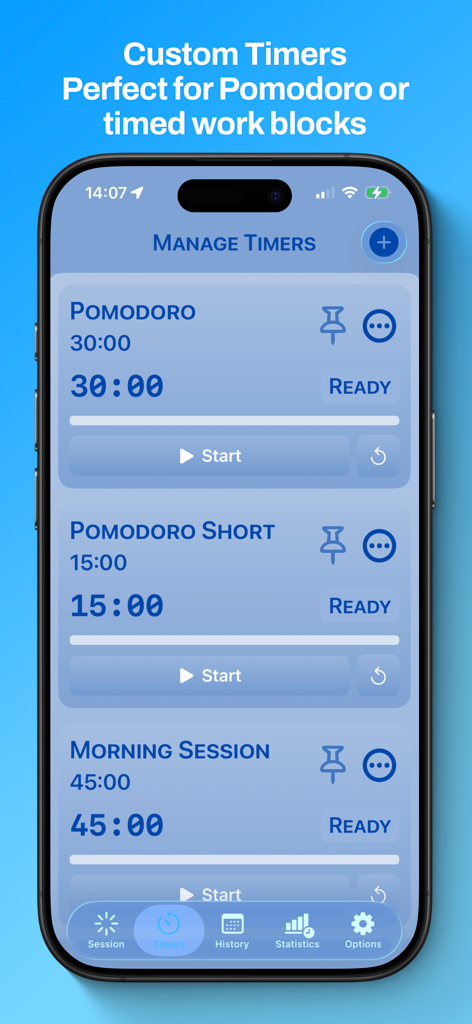Claude Counter - Interfaz de la aplicación Claude Counter que muestra temporizadores personalizados para sesiones de Pomodoro y de trabajo.