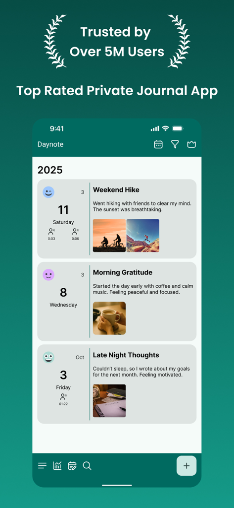 Screenshot of the Daynote app displaying a timeline of personal diary entries with mood icons and photos.