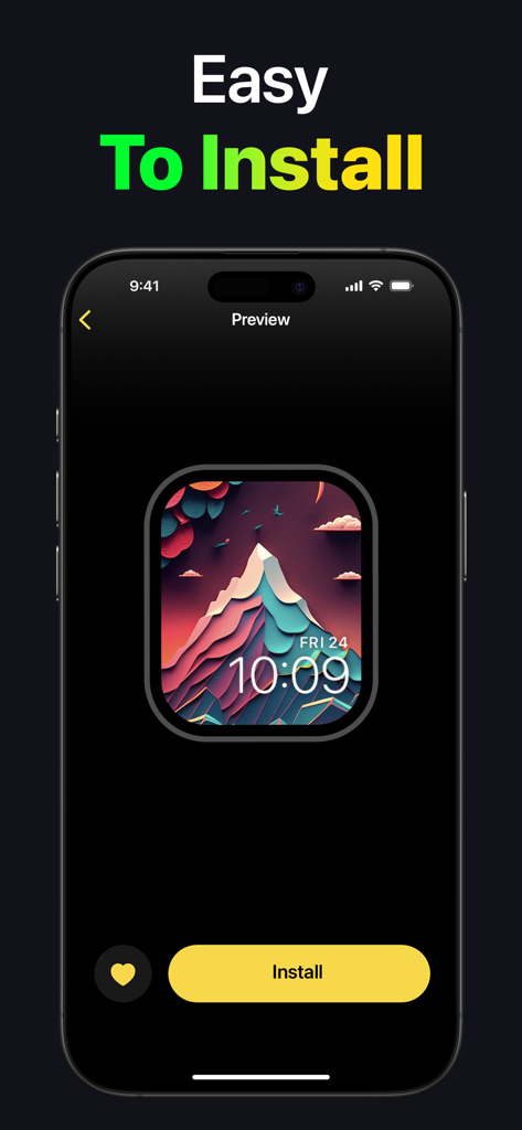 Watch Faces - WatchLab - Écran d'application iPhone montrant un aperçu d'un cadran de montre de montagne et un bouton d'installation