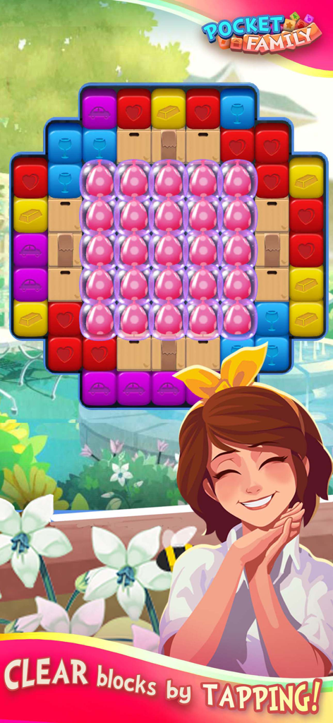 Jugabilidad de Pocket Family mostrando una cuadrícula de puzzle de Match 3 con un personaje sonriente e instrucciones de toque.