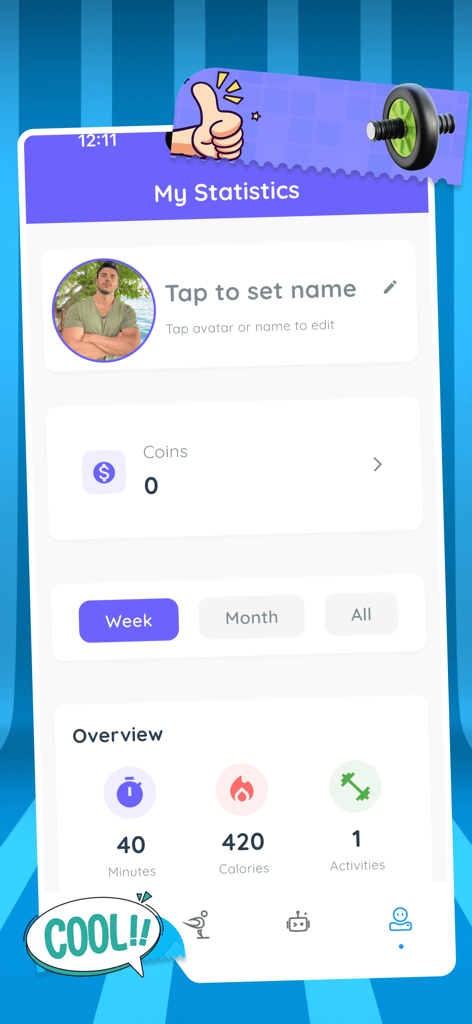 Milo - Insight & Share - Activity statistics screen in the Movo app showing tracked minutes calories and completed activities