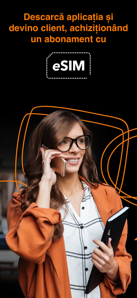 A smiling woman holding a smartphone next to text promoting eSIM subscriptions through the My Orange Romania app