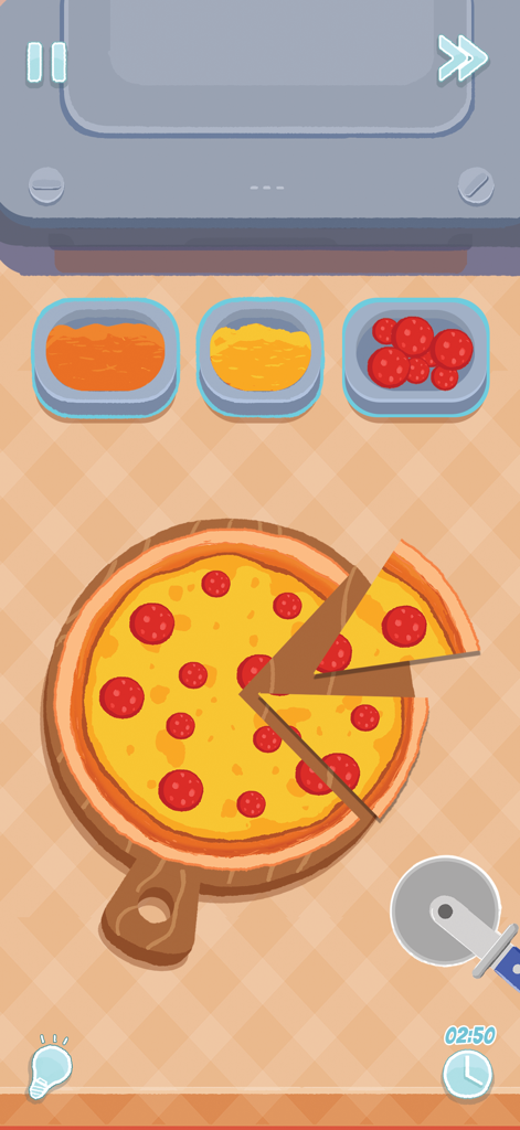 Un mini-juego acogedor en la app Perfect Tidy mostrando una pizza de pepperoni siendo cortada con un cortador sobre una tabla de madera.