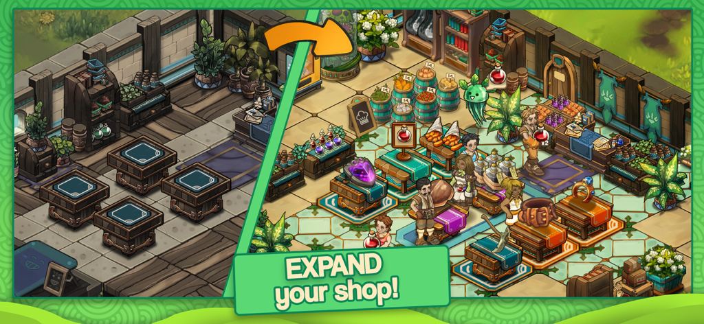 Tiny Shop - Ein Vorher-Nachher-Vergleich, der die Erweiterung und Dekoration eines Fantasy-Item-Ladens zeigt