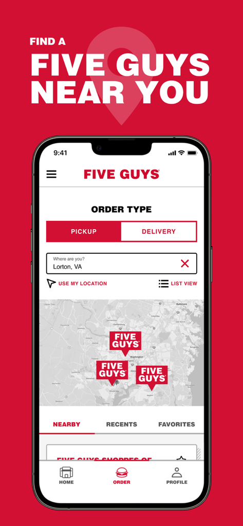 Five Guys Burgers & Fries - Interfaz de la aplicación móvil de Five Guys que muestra un mapa de ubicaciones de restaurantes cercanas para pedidos de recogida y entrega