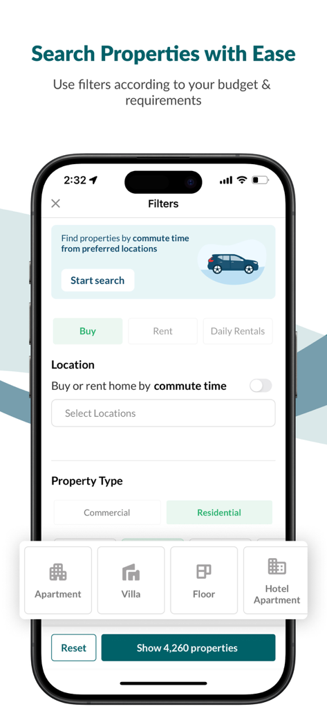 Bayut KSA - Real Estate - Mobile app interface of Bayut KSA showing property search filters for apartments and villas in Saudi Arabia
