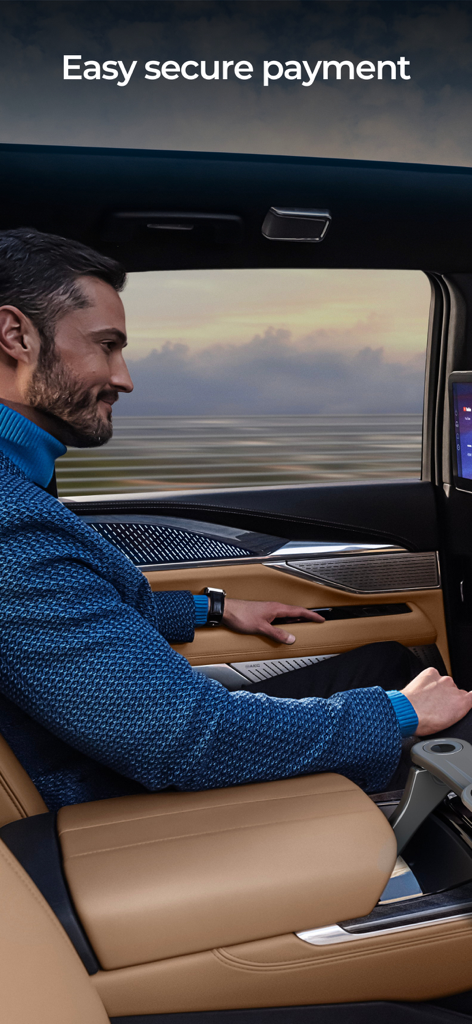 BlackWolf App - A businessman in a luxury car interior highlighting the BlackWolf app's easy secure payment feature