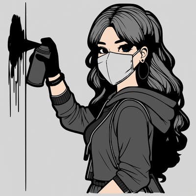 realistic girl with mask spray painting a wall