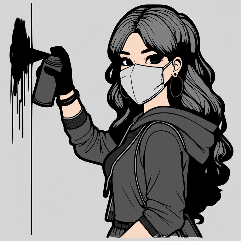 realistic girl with mask spray painting a wall