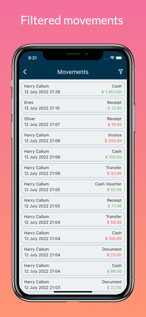 Current Tracking - ENOR - Interface mostrando uma lista detalhada de movimentos de contas e transações financeiras no aplicativo Current Tracking.