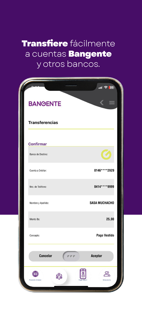 Bangente Móvil - Bangente Movil app interface showing a bank transfer confirmation screen with payment details