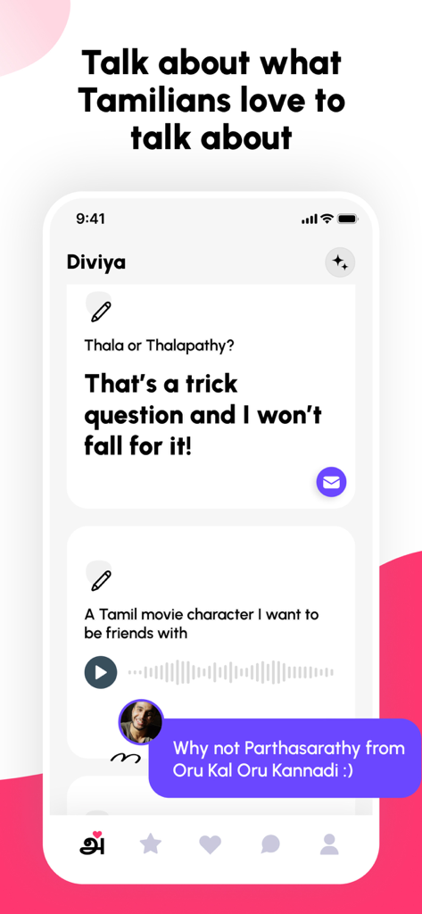 Anbe - Date The Tamil Way - Anbe dating app profile screen showing Tamil pop culture icebreakers and movie references