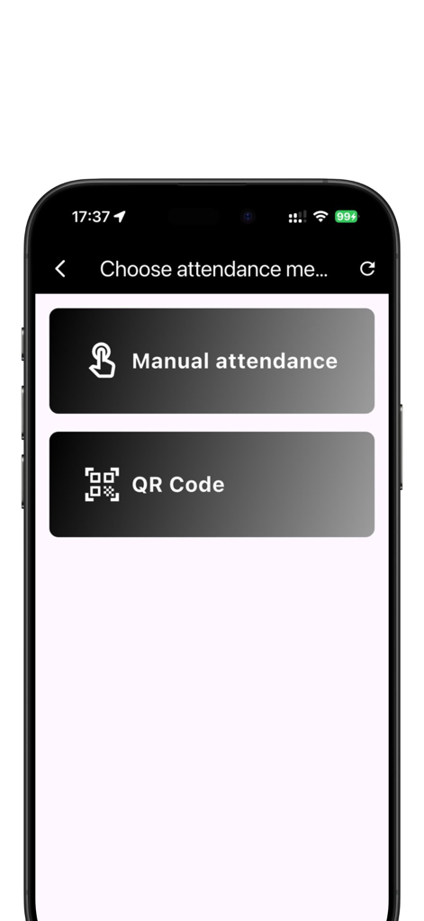 DanPro HR mobile app interface for choosing between manual attendance and QR code check in