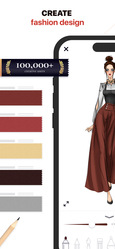 Fashion Design Sketches: Style - Interfaccia mobile dell'app Fashion Design Sketches con uno schizzo di un outfit elegante e campioni di texture di tessuto