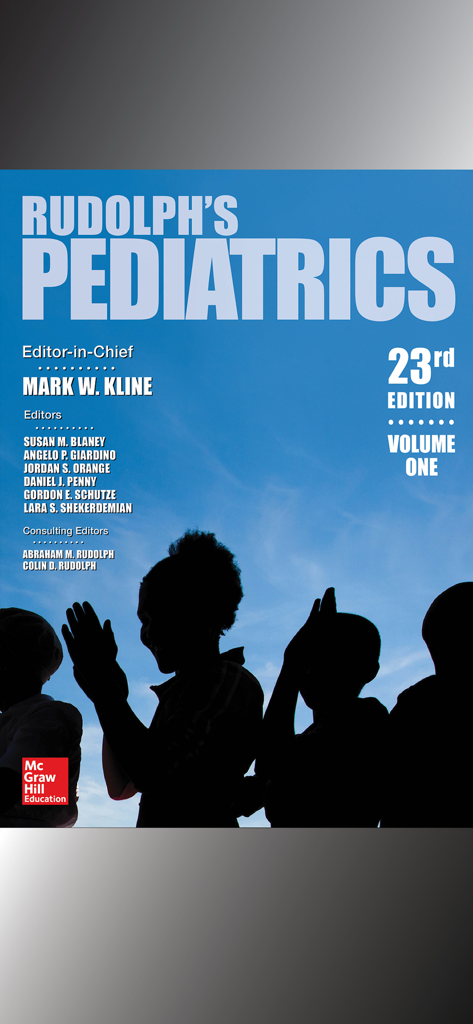 Rudolph's Pediatrics, 23/E - Rudolph's Pediatrics 23rd Edition app title screen with editor names and child silhouettes