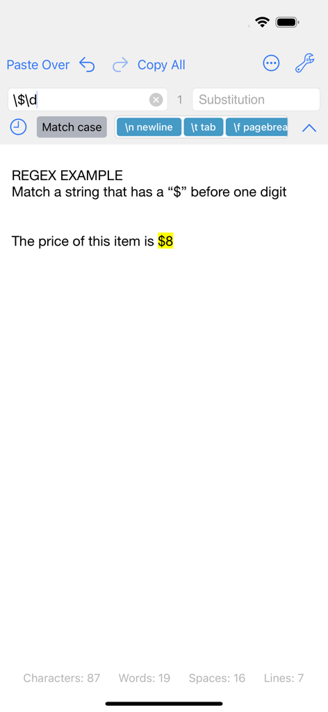 Clean Text app interface showing a Regular Expression search matching text with a dollar sign and digit
